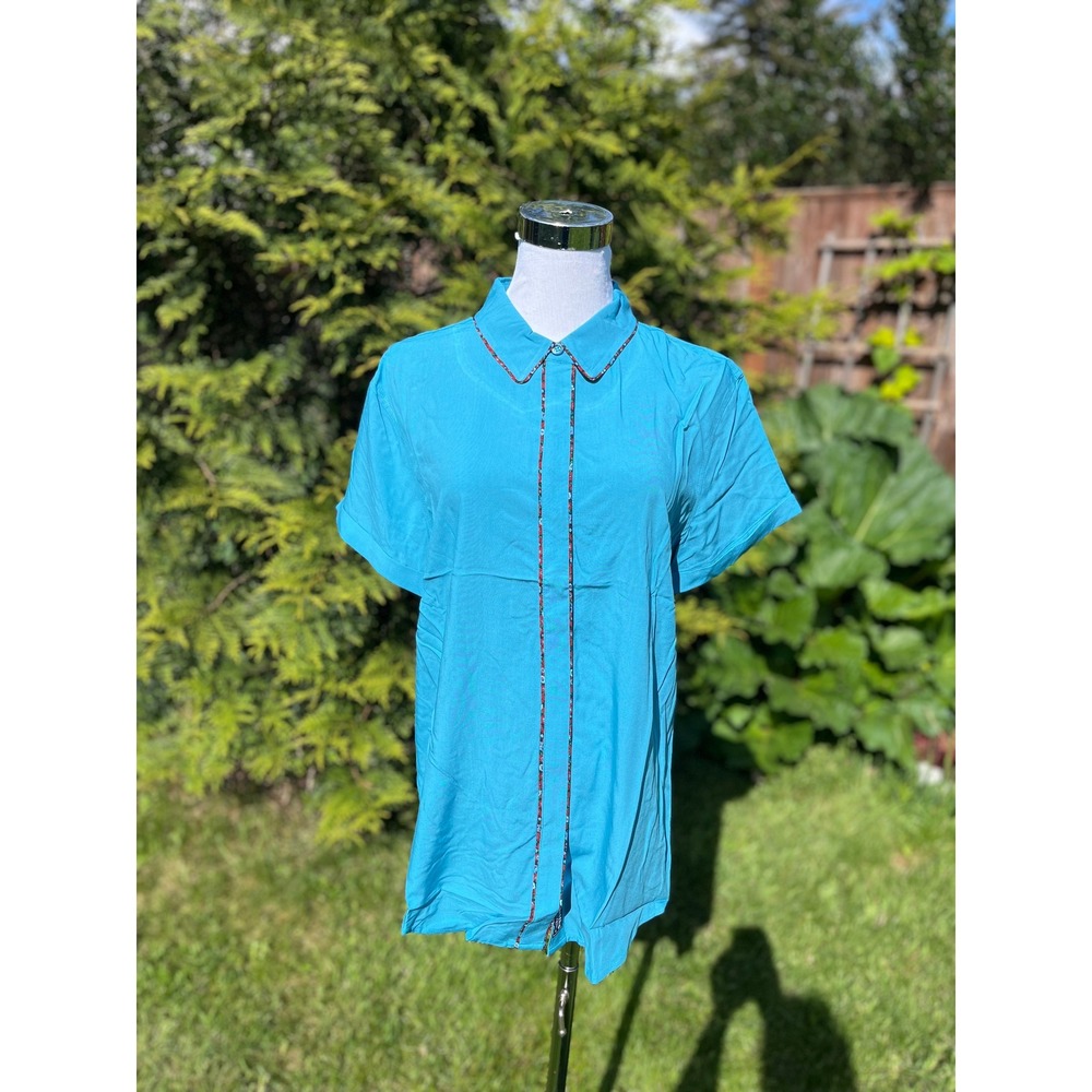 Wildfang The Empower Piped Button Up Shirt Turquoise Blue Floral Trim Small NWT